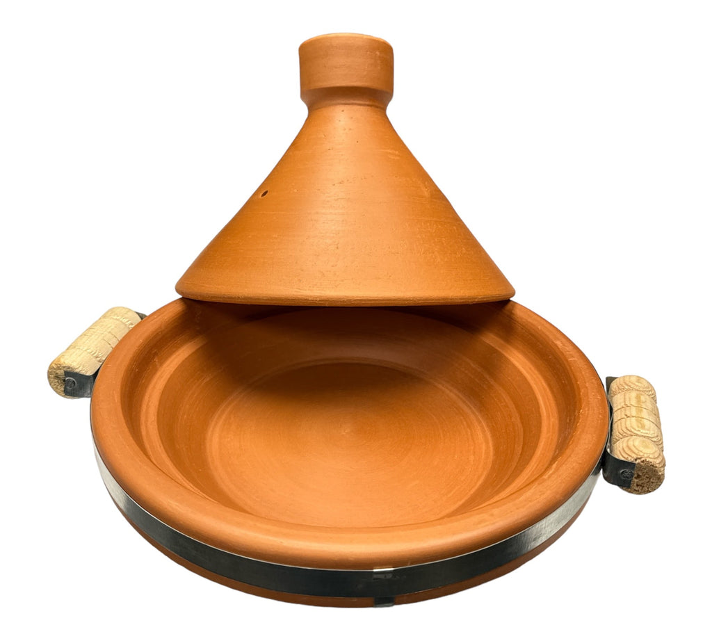 Tagine Clay Pot Natural with Metal Belt & wood hand 30cm - Authentic from Zaytuna Mart Canada