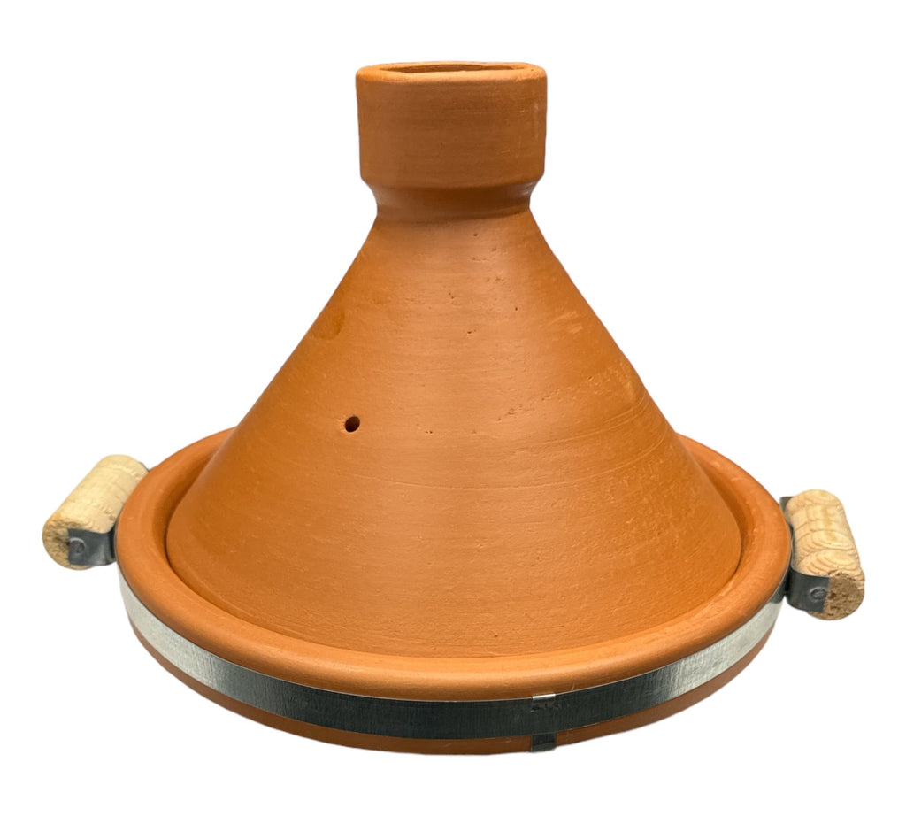 Tagine Clay Pot Natural with Metal Belt & wood hand 35 cm - Authentic from Zaytuna Mart Canada
